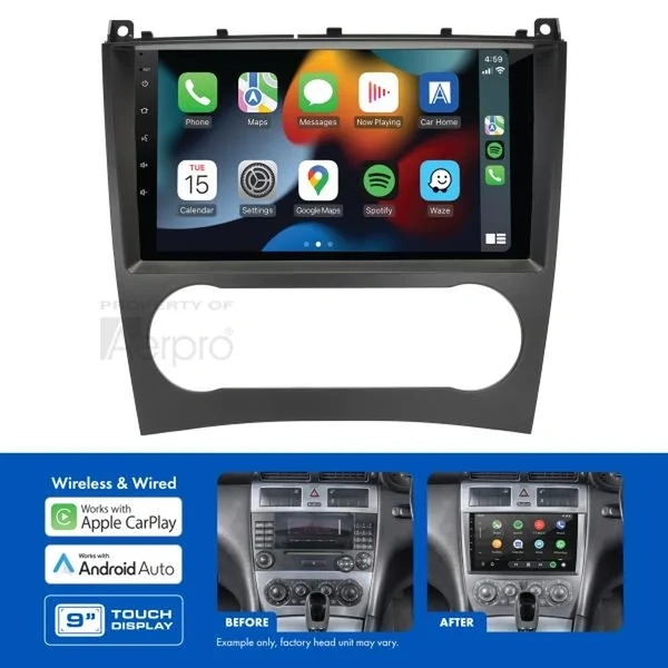 Aerpro AMAMC4 9" Apple CarPlay Andoid Auto Head Unit fits Mercedes C 2004-2006, CLC 2008-2011