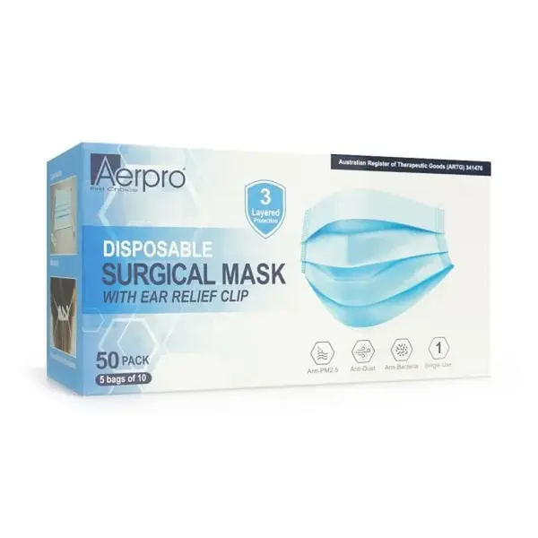 Aerpro APFM50PK Disposable Surgical Face Mask 50 Pack with Ear Relief Clip